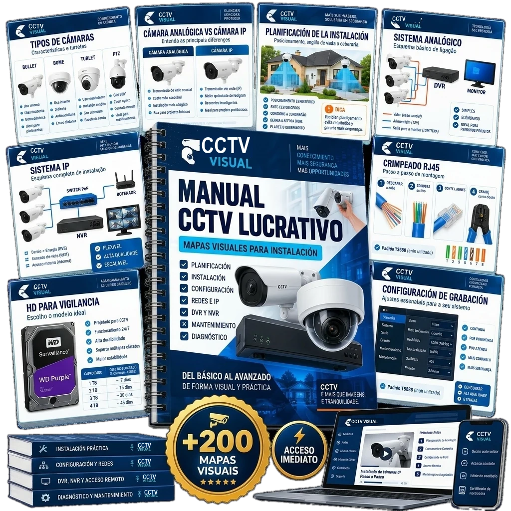 Mockup del manual de CCTV con mapas visuales, libros y acceso en laptop y móvil